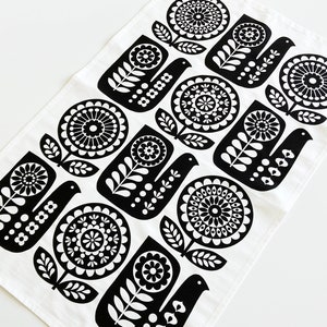 Retro TEA TOWEL, Monochrome Black and White, Folk Art, Bird and Flower Cotton Dishtowel