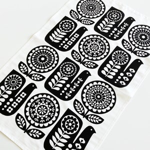 Retro Folk Art TEA TOWEL, Monochrome Black and White, Bird and Flower Cotton Dishtowel image 2