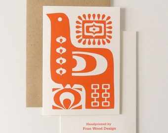 HANDPRINTED Retro Bird Card, Hand Screen-Printed, Recycled Card, Blank Inside, Orange Vintage Birthday Card, Handmade