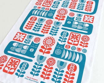 Retro Cat Tea Towel, Mid-Century Modern Kitchen Decor, Teal, Orange, Cotton