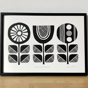 Mid Century Modern Monochrome Flower Print, Handprinted, Signed, A4