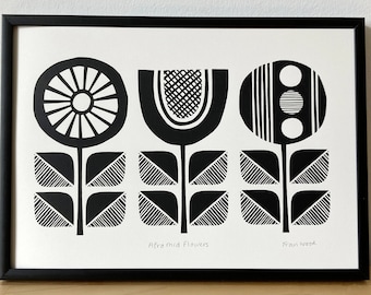 Mid Century Modern Monochrome Flower Print, Handprinted, Signed, A4