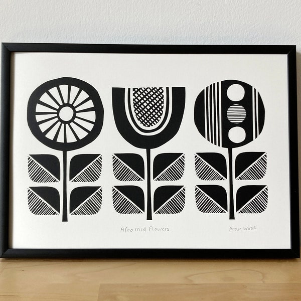 Mid Century Modern Monochrome Flower Print, Handprinted, Signed, A4