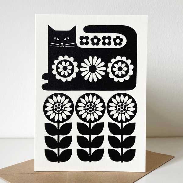 Retro Folk Art Cat and Sunflowers Monochrome Greeting Card, Hand Screen-Printed, Recycled Card