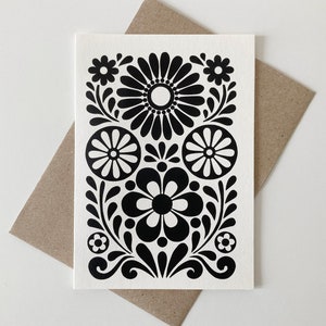 Carte de voeux florale mexicaine, sérigraphié à la main en monochrome noir, carte recyclée, intérieur vierge, plus enveloppe