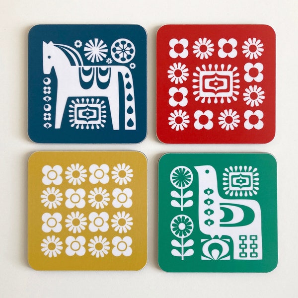 Scandinavian Mid-Century Modern Coaster Set, Scandi Tableware, Decor, Dala Horse, Retro Bird and Flower Coasters