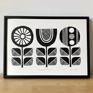 Mid Century Modern Flower Print, Size A4, Monochrome, Retro, Black and White Art, Signed, Open Edition, Hand-Pulled Screen-Print