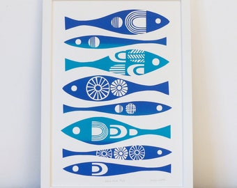 Blue Mid Century Inspired Fish Print, Original, Signed, Hand-Pulled Screen-Print, Size A3, Retro Modern Fish Art