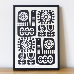 Monochrome Bird Flower SCREEN PRINT, Size A4, Signed, Open Edition, Handprinted, Black and White, Retro Mid-Century Inspired Art