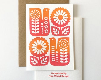 Bird Flower HANDPRINTED CARD, Retro, Vintage, Scandinavian, Folk Art Inspired Bird Floral Birthday Card, Blank Inside