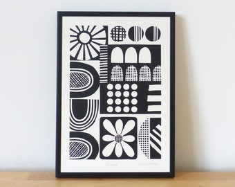 Abstract Monochrome Print, Size A4, Signed, Hand-Pulled Screen Print, Mid Century Style, Tribal Art