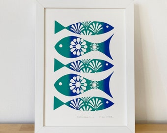 Retro Blue Fish Print, Signed, Open Edition, Hand-Pulled Screen-Print, Size A4, Mid-Century 1970s Inspired