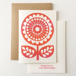 Carte de fleurs rétro imprimée à la main, sérigraphiée à la main, carte recyclée, vierge à l'intérieur, carte d'anniversaire florale rose orange, inspiré des années 70