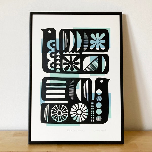 Mid Century Style Bird Print, Original Signed, Hand-Pulled Screen-Print, Retro Modern Art, Size A3, Black, Blue and Green