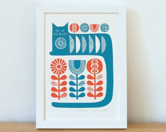 Cat in Flowers Print, Retro Vintage Mid-Century Inspired, Original Signed Open Edition, Hand-Pulled Screen-Print, Size A4
