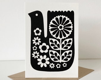 Retro Folk Art Floral Bird Greeting Card, Monochrome Black and White Bird and Flower Card, Hand Screen-Printed, Blank Inside