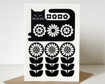 Retro Folk Art Cat and Sunflowers Monochrome Greeting Card, Hand Screen-Printed, Recycled Card