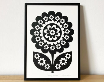 Monochrome 70s Floral Art, Black and White Contemporary Flower Print, Size A4, Hand Screen-Printed and Signed, Vintage Retro Style