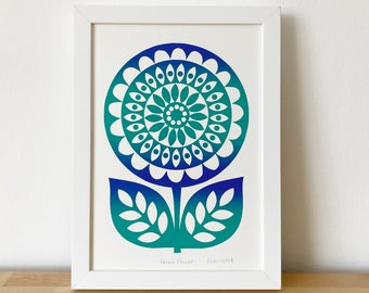 Retro Mid Century Inspired Flower Print, Original Art, Signed, Hand-Pulled Screen-Print, Size A4, Blue Teal
