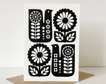 Retro Folk Art Bird and Flowers Handprinted Card, Monochrome Black and White Greeting Card