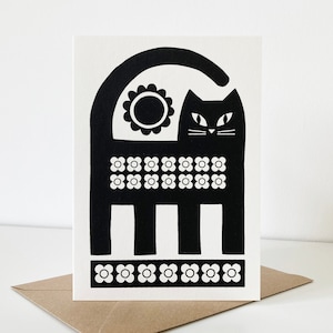 Carte chat noir, sérigraphiée à la main, carte d'anniversaire pour amoureux des chats, carte de voeux chat vintage rétro, intérieur vierge