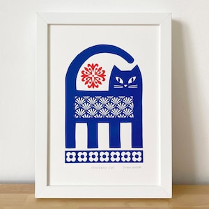 Retro Vintage Inspired Cat Print, An Original, Signed, Hand-Pulled, Screen-Print, Size A4, Blue and Red,