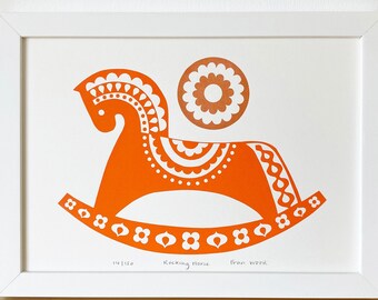 SALE Orange Rocking Horse Print, Signed, Limited Edition Screen-Print, Original Art, Size A4, Scandinavian Folk Art Inspired