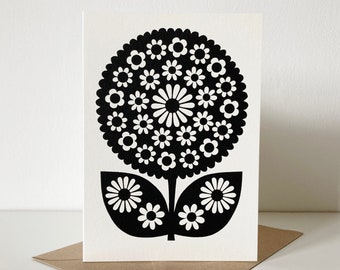 Retro Folk Art Flower Greeting Card, Monochrome 70s Floral Print, Blank Inside, Handprinted, Recycled Card