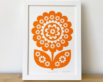 SECONDS Retro 70s Inspired Orange Flower Print, An Original Signed, Hand-Pulled Screen-Print, Size A4