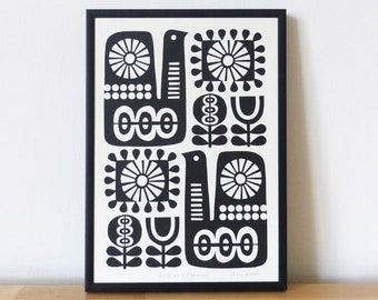 Monochrome Bird Flower SCREEN PRINT, Size A4, Signed, Open Edition, Handprinted, Black and White, Retro Mid-Century Inspired Art