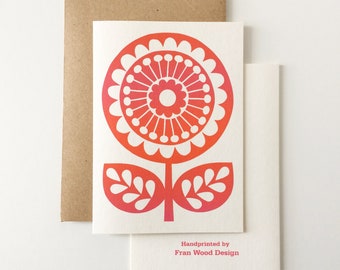 Hand Screen-Printed Seventies Floral Greeting Card, Orange Pink Gradient