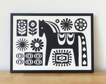 Dala Horse Screen Print, Size A4, Handprinted and Signed, Monochrome Scandinavian Nursery Art