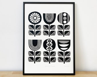 Monochrome Retro Flower PRINT, Signed, Open Edition, Hand-Pulled Screen Print, Size A3, Inspired by Mid Century Design and African Patterns