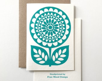 Retro Flower Card, Hand Screen-Printed, Blank Inside, Seventies Vintage Floral Style Birthday Card