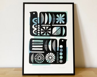 Mid Century Style Bird Print, Original Signed, Hand-Pulled Screen-Print, Retro Modern Art, Size A3, Black, Blue and Green