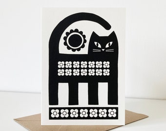 Black Cat Card, Hand Screen-Printed, Cat Lover Birthday Card, Retro Vintage Cat Greeting Card, Blank Inside