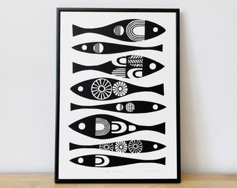 Monochrome Fish Print, Size A3, Signed, Hand-Pulled Screen-Print, Mid Century Modern and African Inspired Art