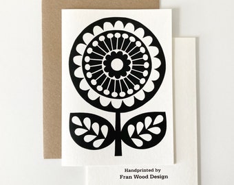 HANDPRINTED Card, Retro Monochrome Flower, Blank Inside, Vintage 1970s Black and White Floral Birthday Card