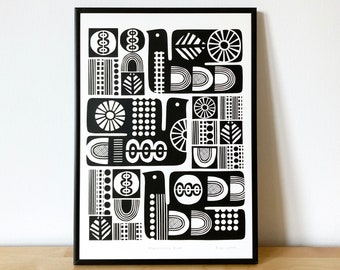 Bird, Mid Century, Retro Monochrome Print, Size A3, Signed, Hand-Pulled Screen-Print, Mid Century Modern, African, Tribal Art Inspired