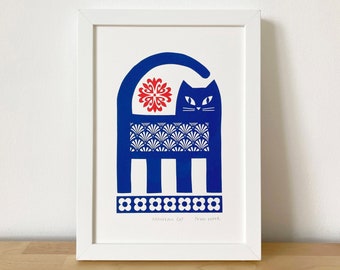 Retro Vintage Inspired Cat Print, An Original, Signed, Hand-Pulled, Screen-Print, Size A4, Blue and Red,