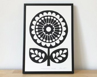 Retro Monochrome Flower Art, Size A4, Signed, Open Edition, Hand-Pulled Screen Print