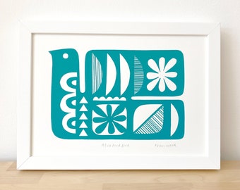 Mid Century Modern Inspired Teal Bird Print, Size A4, Hand-Pulled Signed Screen-Print