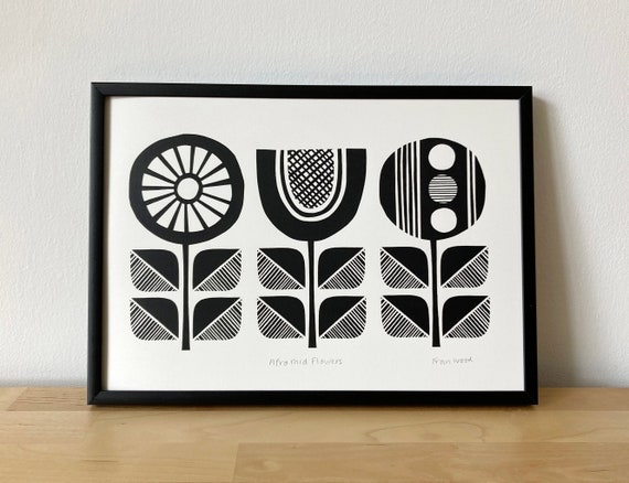 Mid Century Modern Monochrome Flower Print, Handprinted, Signed, A4
