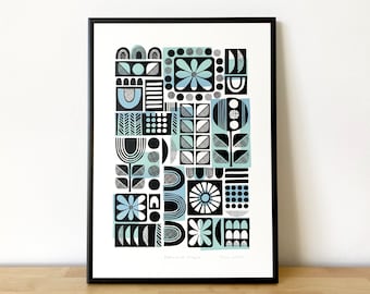 Mid Century Inspired, An Original Signed, Hand-Pulled Screen-Print, Retro Flower Abstract African Pattern Art, Size A3, Blue, Green, Black