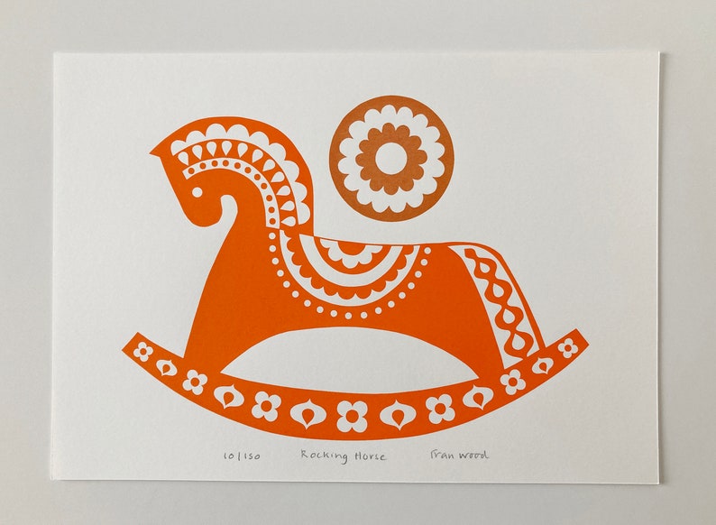 SALE Orange Rocking Horse Print, Signed, Limited Edition Screen-Print, Original Art, Size A4, Scandinavian Folk Art Inspired image 3