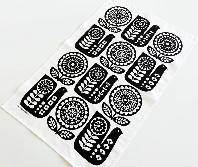 Retro Folk Art TEA TOWEL, Monochrome Black and White, Bird and Flower Cotton Dishtowel image 2