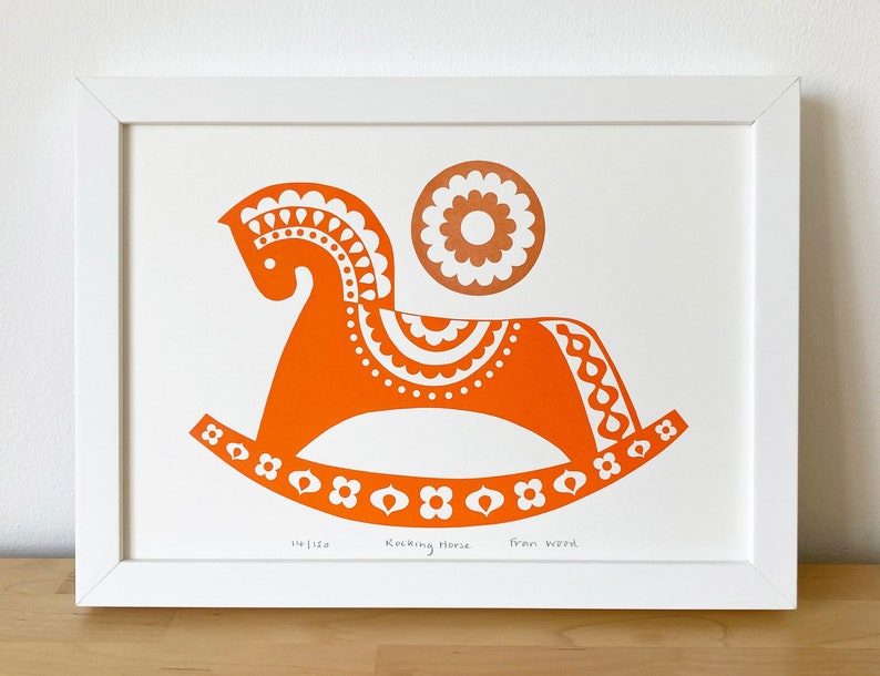 SALE Orange Rocking Horse Print, Signed, Limited Edition Screen-Print, Original Art, Size A4, Scandinavian Folk Art Inspired image 1
