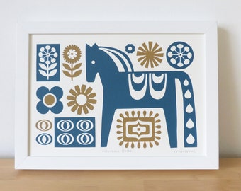 Dala Horse Print, Size A4, Signed, Open Edition, Hand-pulled Screen Print, Retro Scandinavian Horse Art