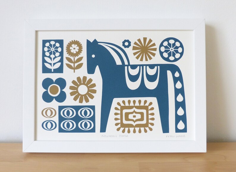 Dala Horse Print, Size A4, Signed, Open Edition, Hand-pulled Screen Print, Retro Scandinavian Horse Art image 1