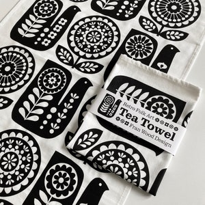 Retro Folk Art TEA TOWEL, Monochrome Black and White, Bird and Flower Cotton Dishtowel image 1